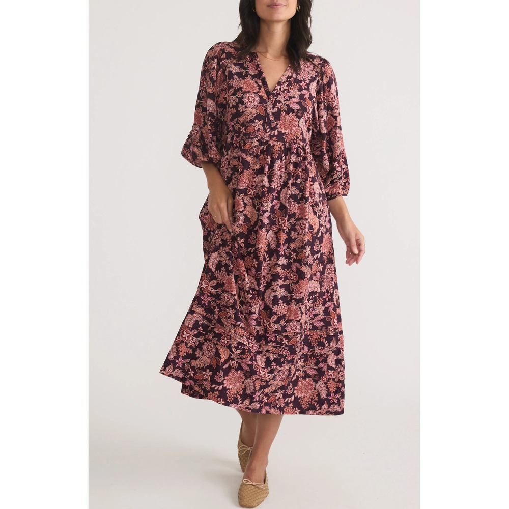 MARINE LAYER Lola Maxi Dress Women Large Purple Floral Puff Sleeve V-Neck Pocket